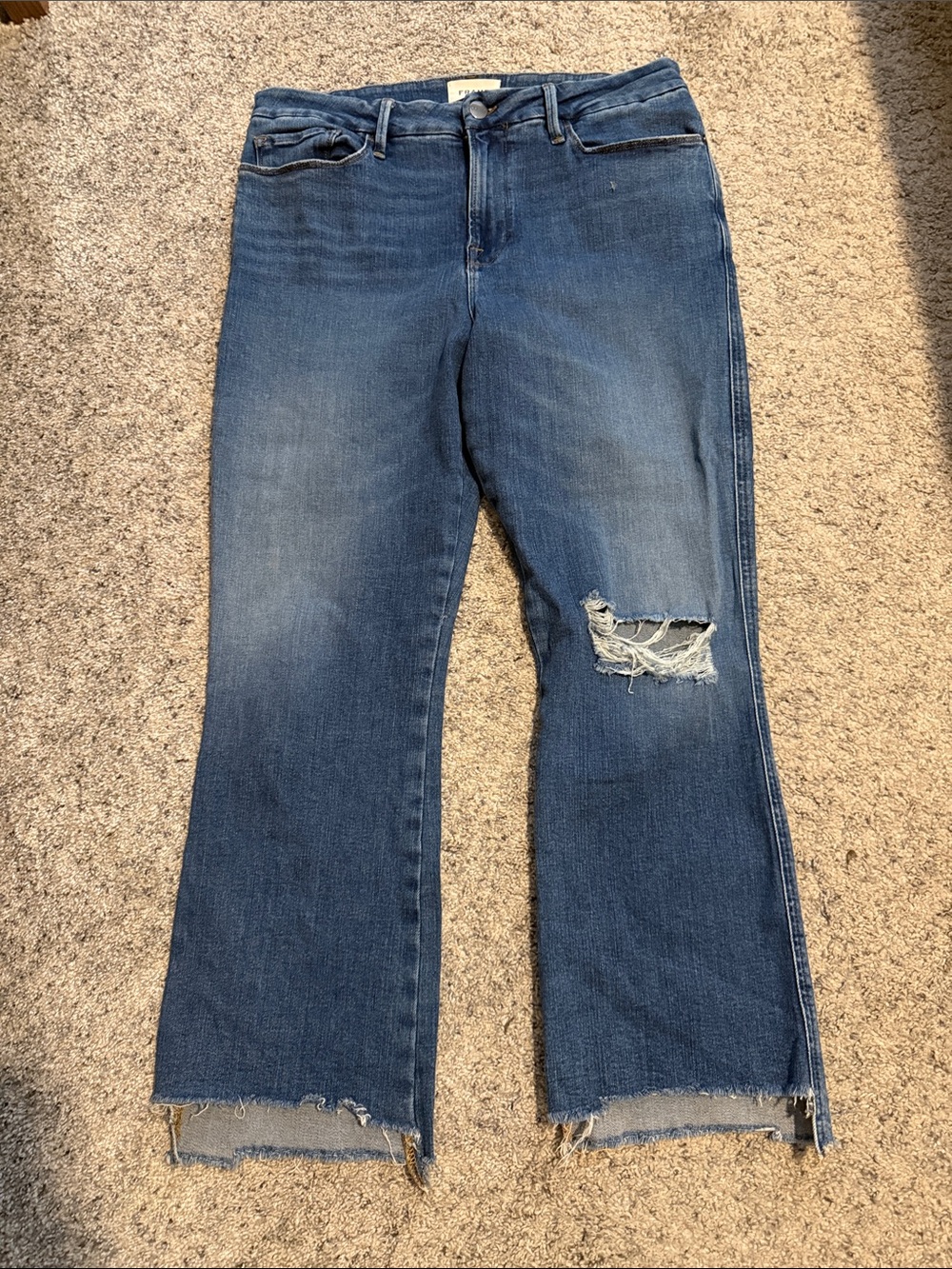 Frame Denim Mid-Rise Cropped Distressed Blue Jeans